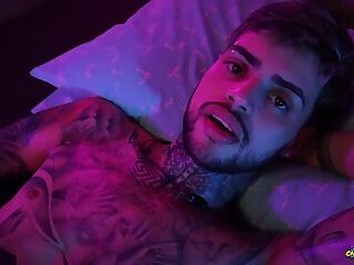 Hot tattooed Twink Jerking His Big Uncut Cock With Oil And Shooting His Cum