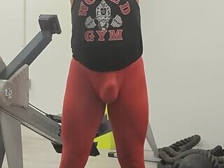 Thin tights and shirtless at the gym