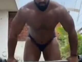 Desi Bodybuilder Working Out In Skimpy Underwear