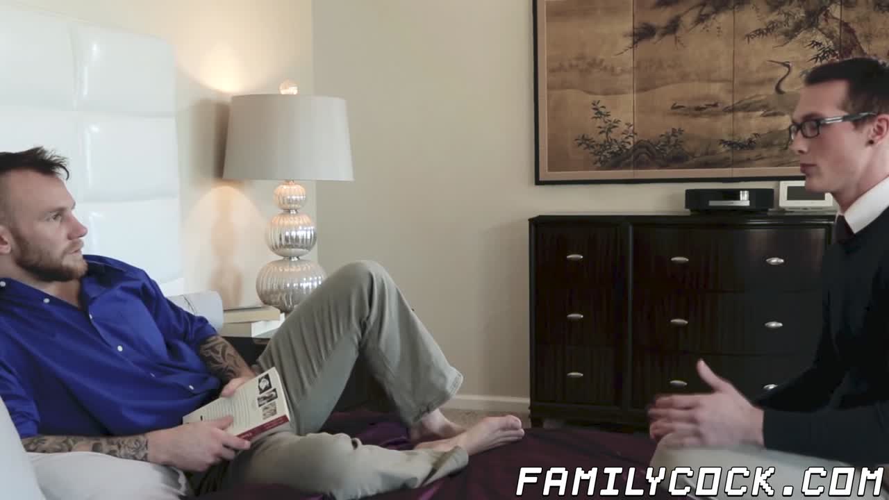Tattooed bearded hunk fucking young twink bareback here